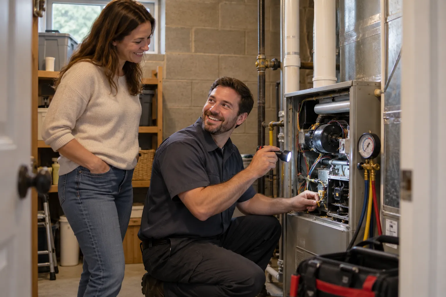 Friendly heating provider checking a gas furnace in a Orlando home while a homeowner looks on