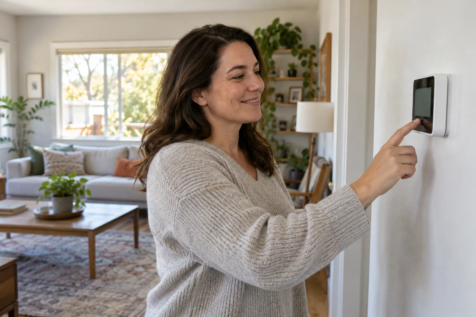 Homeowner checking a thermostat in a comfortable living room in the Orlando area