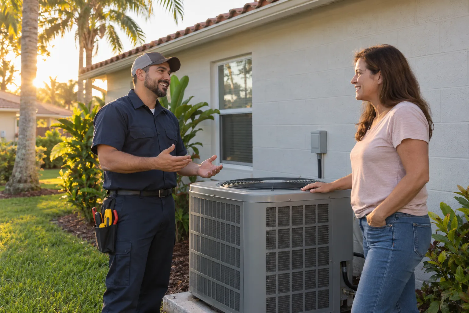 Friendly HVAC provider talking with a homeowner beside an outdoor AC unit in Orlando