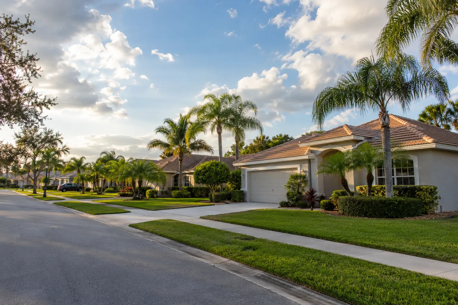 Neighborhood of single-story homes with palm trees in Orlando